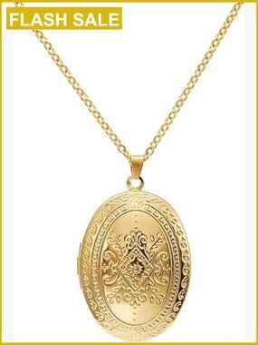 Vintage Engraved Flower Locket Necklace, Holds Pictures, Antique Alloy, 45cm
